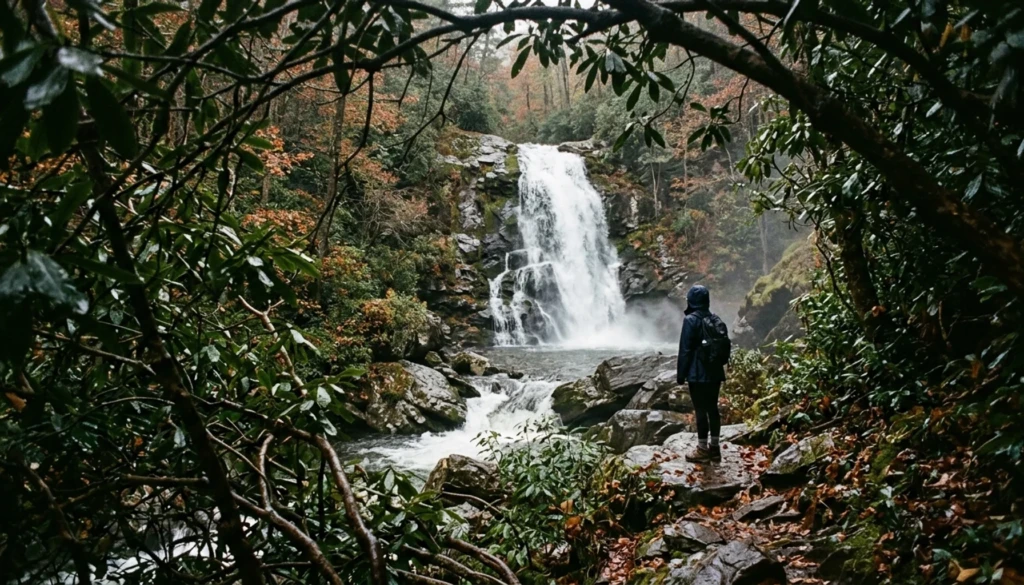 Hiker viewing Fall Branch Falls near Cherry Log, a top stop on any Blue Ridge Cherry Log day trip