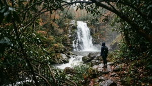 Hiker viewing Fall Branch Falls near Cherry Log, a top stop on any Blue Ridge Cherry Log day trip