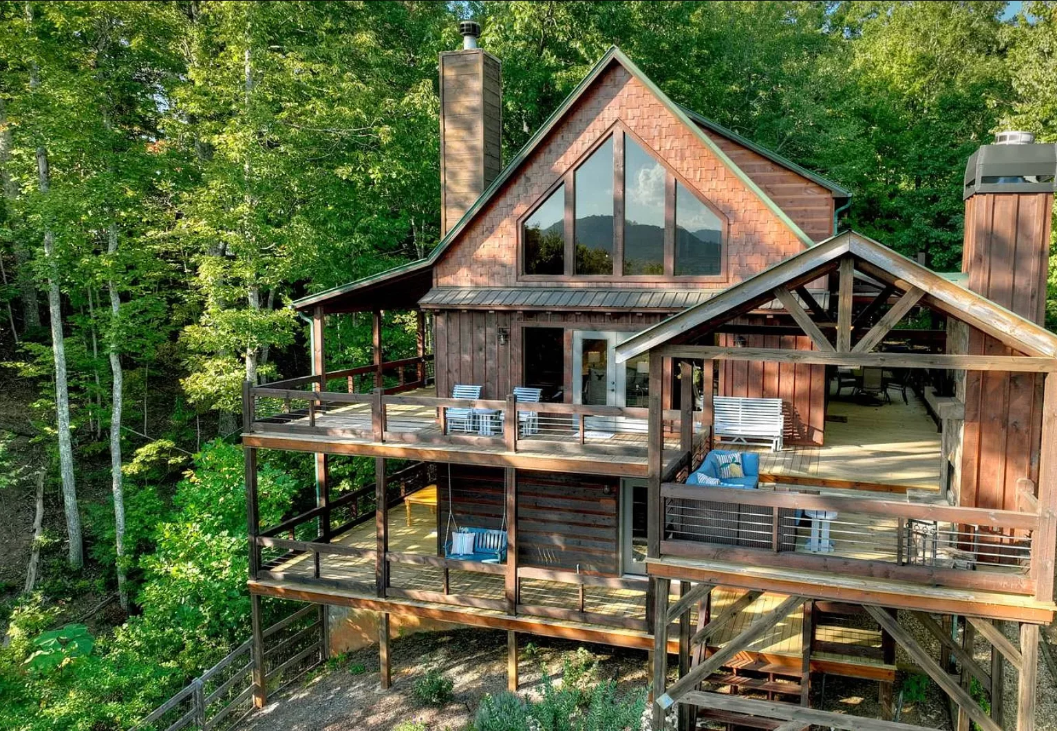 Modern brick and wood mountain chalet with gable windows and wraparound decks in forest, Chalet Blue Ridge near Blue Ridge