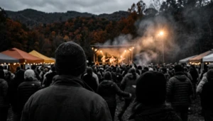 Crowd silhouettes at one of the annual fall festivals near Blue Ridge, GA, with a stage and autumn mountain trees behind