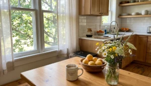 Sunny vacation rental kitchen with coffee and fresh peaches, a cozy start to the best breakfast Montgomery TX has to offer