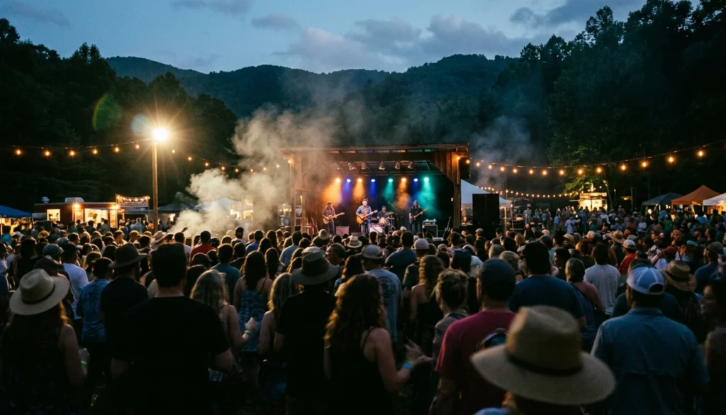Silhouetted crowd at a mountain music stage, one of the best festivals for a group getaway in Blue Ridge, GA