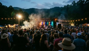 Silhouetted crowd at a mountain music stage, one of the best festivals for a group getaway in Blue Ridge, GA