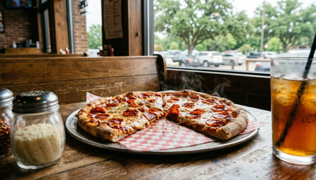 Fresh pepperoni pizza on a booth table at a sit-down pizzeria, representing the best pizza in Montgomery, TX