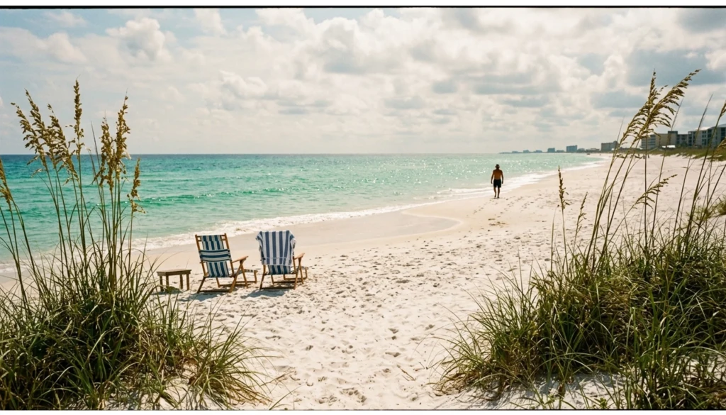 Sunny Panama City Beach in May with turquoise Gulf water and white sand, the best time to visit Panama City Beach