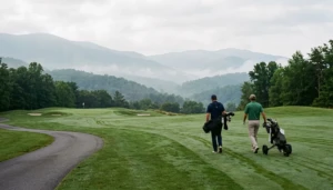 Two golfers walking a fairway toward misty mountain views at one of the blue ridge golf courses in Blue Ridge, GA