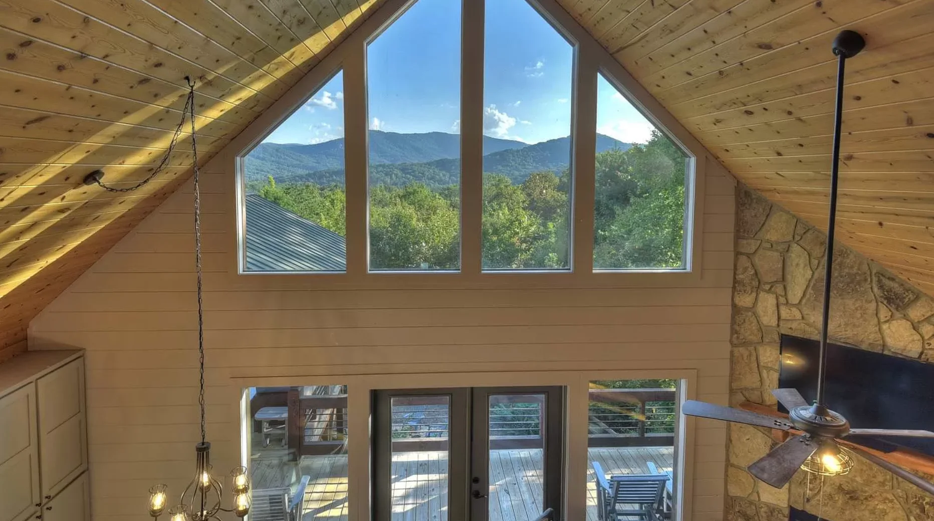 Chalet living room with mountain views, a base for Blue Ridge golf courses trips