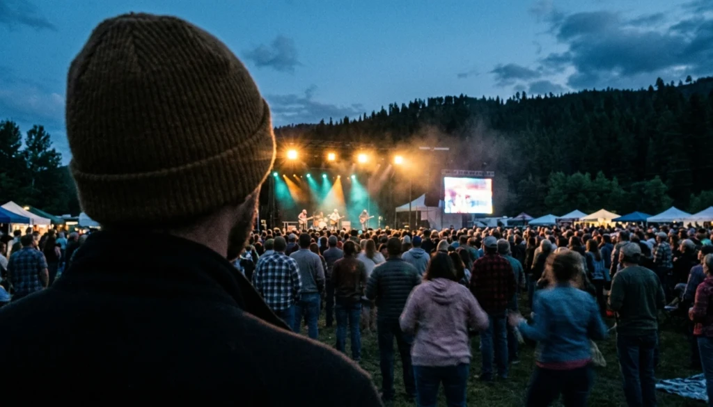 Crowd silhouettes at an evening music festival, showing concerts and sports events Blue Ridge GA visitors can enjoy