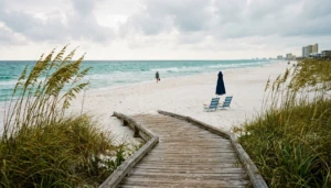 Boardwalk leading to a quiet Gulf beach, one of many fun things to do in Panama City Beach beyond Pier Park