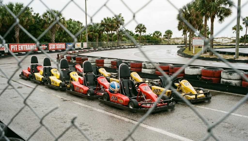 Row of go karts at an outdoor track, a guide to go karts Panama City Beach
