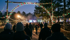 Crowd silhouettes walking beneath string lights at a holiday event and light display near Montgomery, TX
