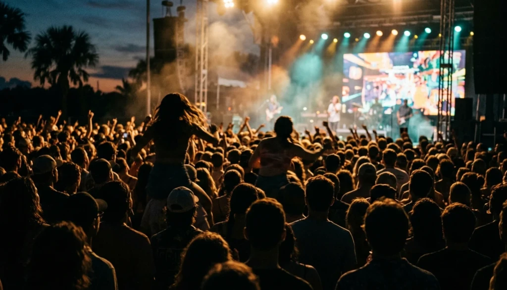Crowd silhouettes at a free summer concert, a highlight of the Panama City Beach summer concert and event calendar
