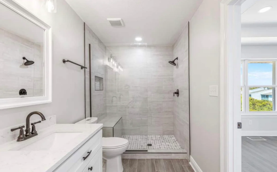 Luxury bathroom with walk-in shower for a stay with fun things to do Panama City Beach
