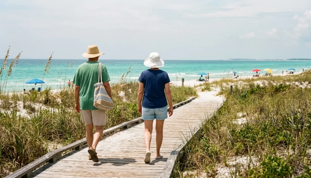 Two visitors walk a boardwalk toward the Gulf at St. Andrews State Park on a weekend getaway Panama City Beach